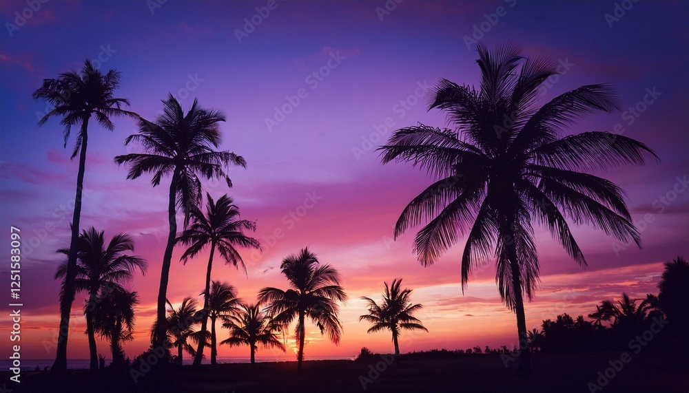 silhouettes of palm trees against a purple sunset