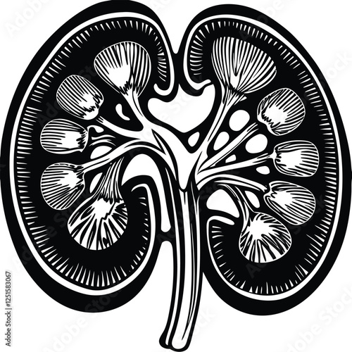 Kidney silhouette vector art in black on a white background. Minimalist medical illustration for healthcare, anatomy, and nephrology designs
