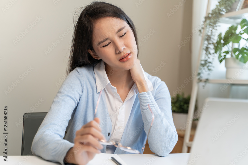 Office workers have neck pain from bad posture during sitting and work. Office workers have neck pain from bad posture during sitting and work.