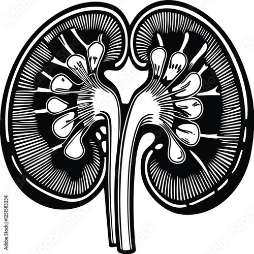Kidney silhouette vector art in black on a white background. Minimalist medical illustration for healthcare, anatomy, and nephrology designs