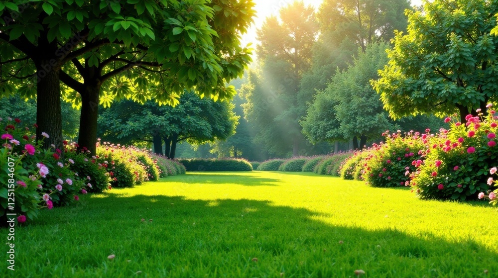 Fototapeta premium Serene Garden Pathway Sunlit Meadow, Lush Greenery, and Vibrant Blossoms Frame a Tranquil Walkway