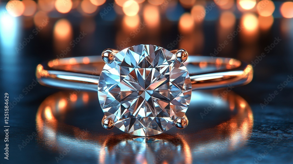 Sparkling diamond ring on dark surface, bokeh background Sparkling diamond ring on dark surface, bokeh background