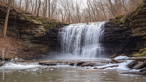A photo of a waterfall, the water beginning to freeze at the edges as the winter chill sets in.