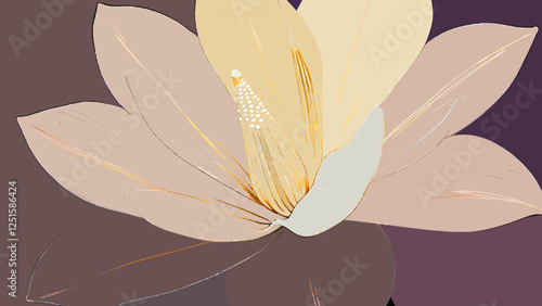 このデジタルグラフィックリソースは、繊細で洗練された花を描いており、パステルトーンの花びらと柔らかな光がその美しさを際立たせています。現実と夢の狭間に浮かぶような印象を与え、調和、エレガンス、純粋さを感じさせます。デザインプロジェクト、高級ブランディング、アートイラスト、装飾、洗練されたパッケージデザインに最適です。

