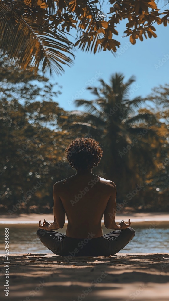Fototapeta premium Person meditating on beach under palm trees. Possible use Relaxation stock photo