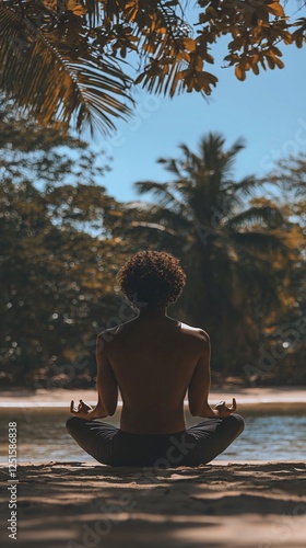 Wallpaper Mural Person meditating on beach under palm trees.  Possible use Relaxation stock photo Torontodigital.ca