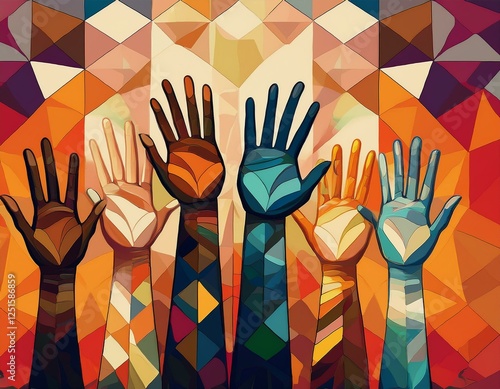 abstract geometric design featuring raised hands with diverse skin tones