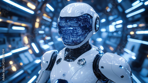 Humanoid robot astronaut explores deep space with advanced AI and holographic navigation in a futuristic space station
