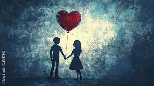 Two kids as first love couple holding hands with red heart ballon (Generative AI)