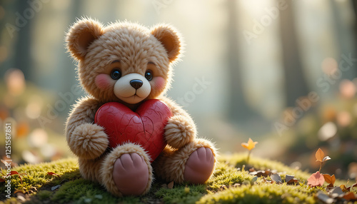 Teddy Bear Holding a Broken Heart in a Forest Setting