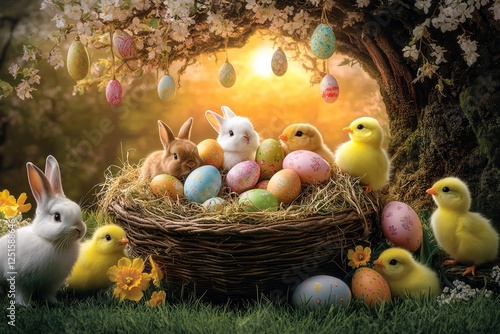 adorable easter scene with fluffy bunnies and yellow baby chicks in a nest surrounded by colorful decorated eggs, blooming spring flowers, and hanging easter ornaments under a golden sunrise