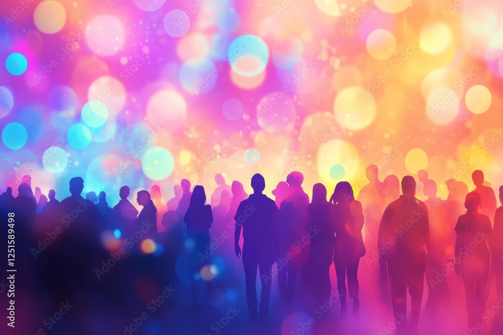 Large group of people attending a live music event with vibrant and colorful stage lights Large group of people attending a live music event with vibrant and colorful stage lights