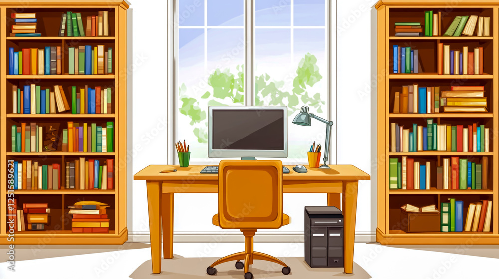 A simple desk with bookshelves on the left and right sides, a chair in front of it, white walls A simple desk with bookshelves on the left and right sides, a chair in front of it, white walls