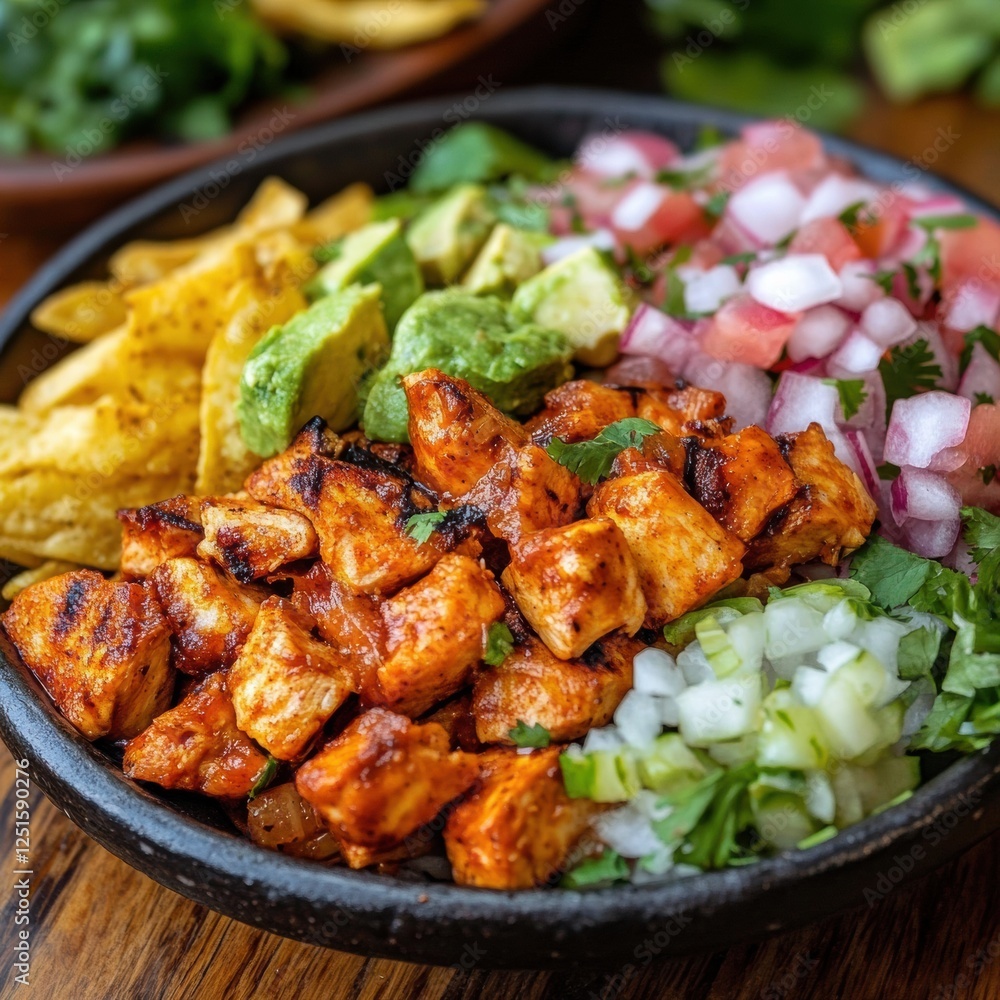 Fototapeta premium Delicious grilled chicken dish served with fresh vegetables, guacamole, and crispy tortilla chips in vibrant setting. Generative AI