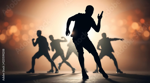Silhouette of popular boys band dancing on stage. Five young singers performing live on concert