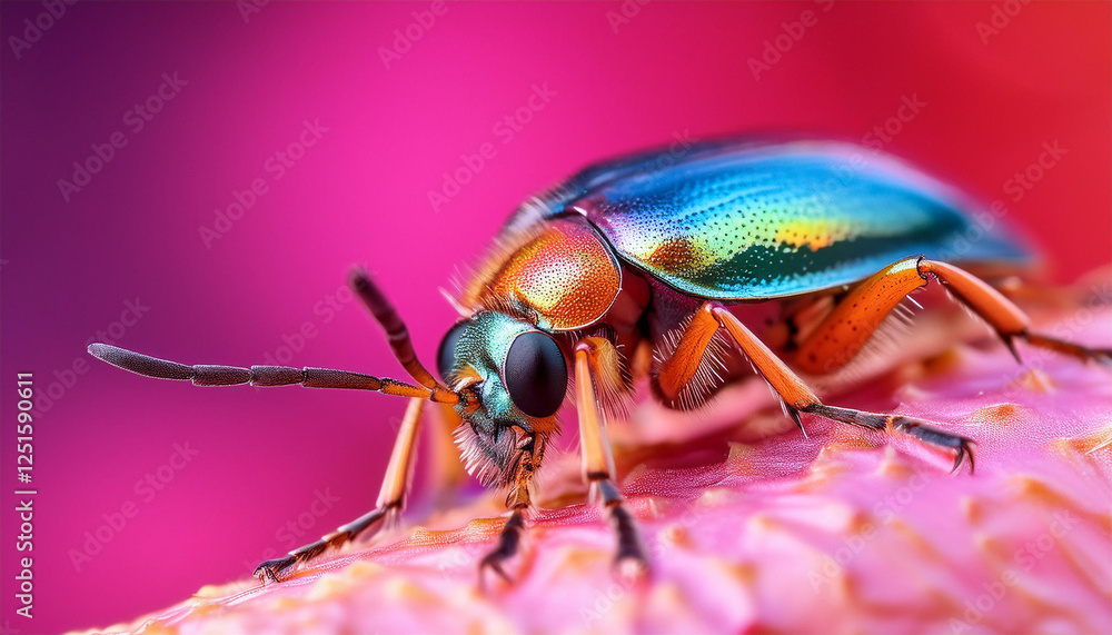 macro of colorful insect on vibrant pink surface macro of colorful insect on vibrant pink surface