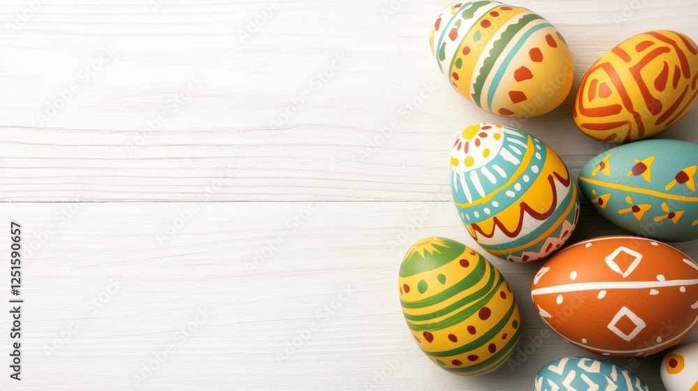 Fototapeta premium Colorful Easter Eggs Decorating a White Wooden Background Overhead Shot.