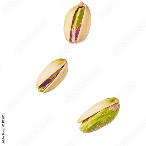 Falling pistachios on a white background 