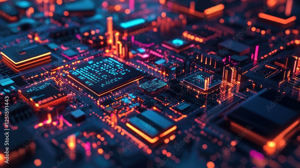 Glowing CPU on circuit board; digital city backdrop; tech concept Glowing CPU on circuit board; digital city backdrop; tech concept