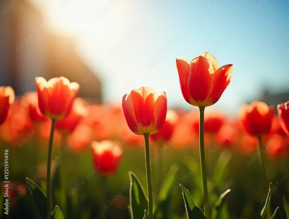 Fototapeta premium Vibrant tulip field under clear blue sky