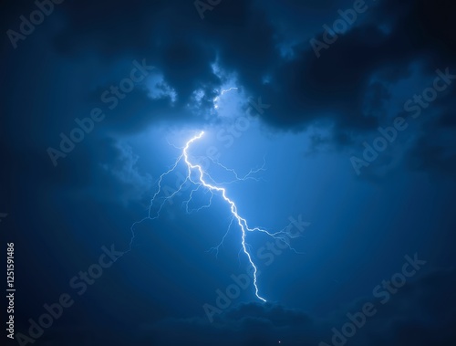 Lightning bolt illuminating dark swirling clouds during dramatic thunderstorm photo