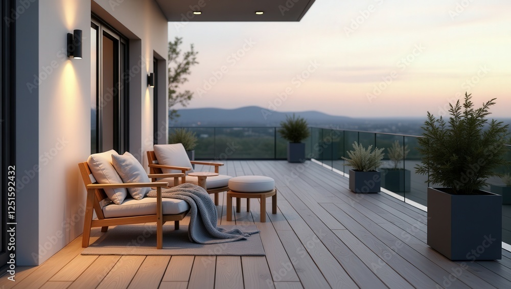 Fototapeta premium A Scandinavian modern terrace at dusk features wooden furniture with white cushions, rug, potted plants, and ambient lighting from candles in lanterns. The terrace overlooks a scenic, hilly landscape