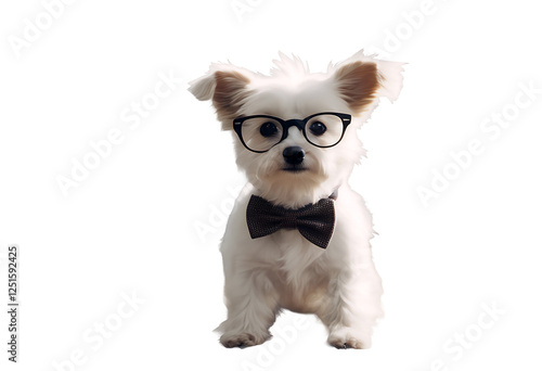 Obraz na płótnie dog cheerful floor sitting photogenic elegant cute small bowtie playing young pet pets looking love indoors lovely tongue calm ear modern white sweet camera background glasses wood wearing curious w salonie