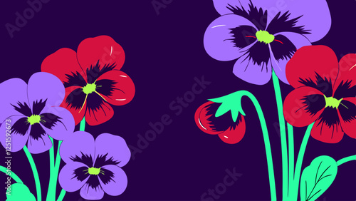 Colorful flower illustration with purple and red pansies on dark background for design concept
