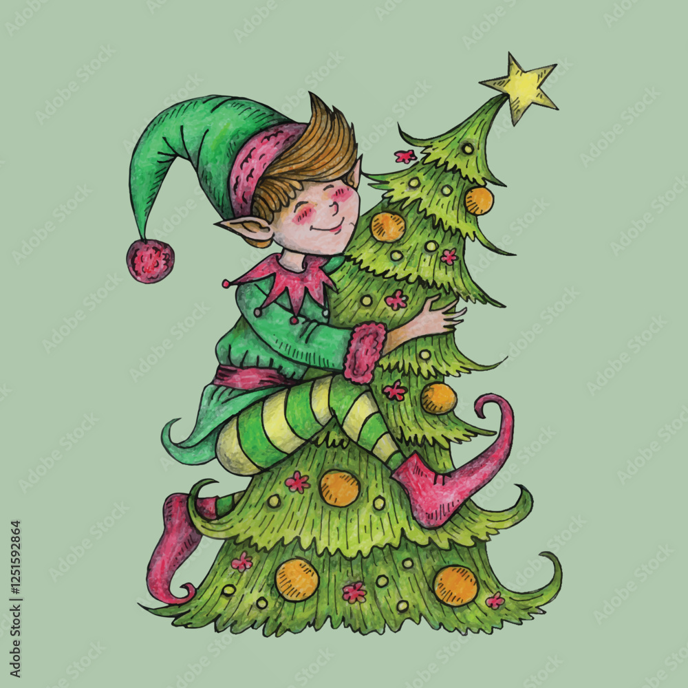 Adobe Illustrator Artwork Hand drawn Elf hugging Christmas tree vector illustration design Adobe Illustrator Artwork Hand drawn Elf hugging Christmas tree vector illustration design