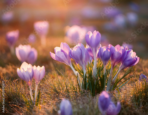 vibrant spring crocus blossoms in a sunny meadow delightful pastel colors and soft light nature s gentle awakening photo