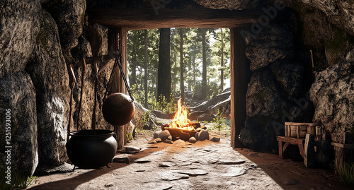 3D Render Of A Neanderthal-Style Campsite Inside A Cave In A Natural Setting