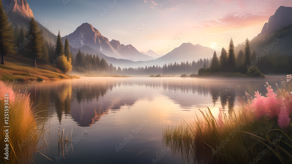 Fototapeta premium このデジタルグラフィックリソースは、夕暮れ時の美しい山岳風景を描いています。穏やかな湖が壮大な山々とピンクやゴールドに染まる空を映し出し、薄い霧が幻想的で落ち着いた雰囲気を作り出しています。デザインプロジェクト、ファンタジーイラスト、エレガントなブランディング、感動的な自然の風景に最適です。