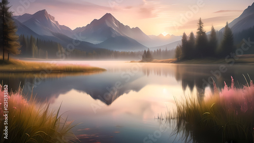 Wallpaper Mural このデジタルグラフィックリソースは、夕暮れ時の美しい山岳風景を描いています。穏やかな湖が壮大な山々とピンクやゴールドに染まる空を映し出し、薄い霧が幻想的で落ち着いた雰囲気を作り出しています。デザインプロジェクト、ファンタジーイラスト、エレガントなブランディング、感動的な自然の風景に最適です。

 Torontodigital.ca