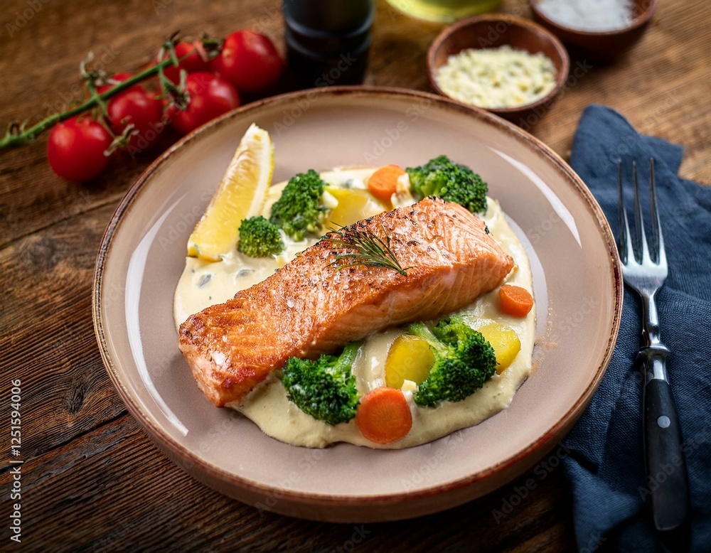 delicious salmon with creamy vegetables served on a rustic wooden table generative ai delicious salmon with creamy vegetables served on a rustic wooden table generative ai