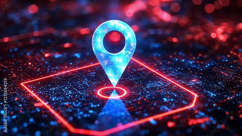 A glowing red location pin on a digital map with a futuristic neon ...
