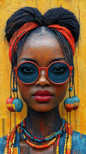 African Woman Portrait Colorful Beads Red Headwrap Sunglasses photo