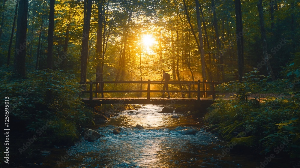 Obraz premium Person walking on a bridge over a river in forest with sunlight for nature ads