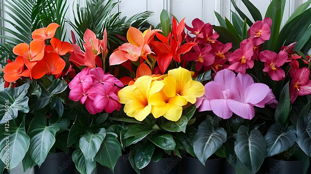 Obraz premium Vibrant Rainbow Tropical Flower Garden Potted Plants
