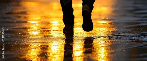 Person walking in wet city sunset photo