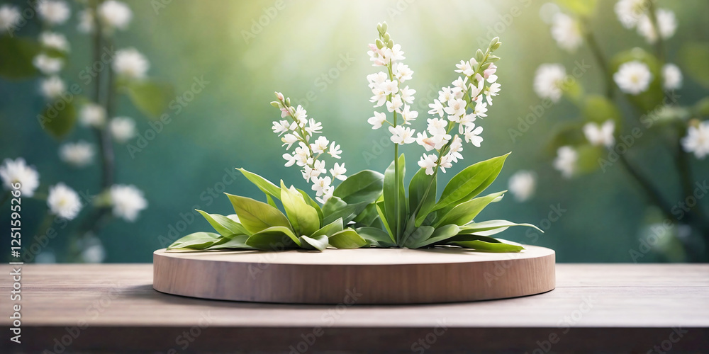 podium with spring floral and spring leaf background ,minimalist style podium with spring floral and spring leaf background ,minimalist style