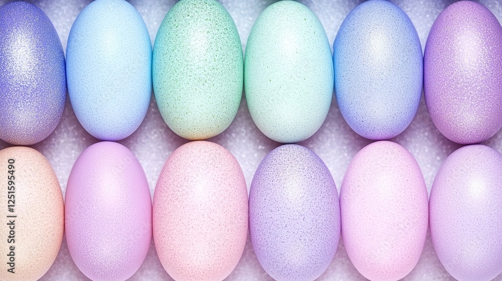 Colorful Easter Eggs in Rows with Speckled Texture and Varied Pastel Shades for Holiday Season. Colorful Easter Eggs in Rows with Speckled Texture and Varied Pastel Shades for Holiday Season.