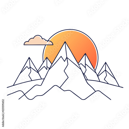 One continuous line drawing of mountain range landscape with color sun vector