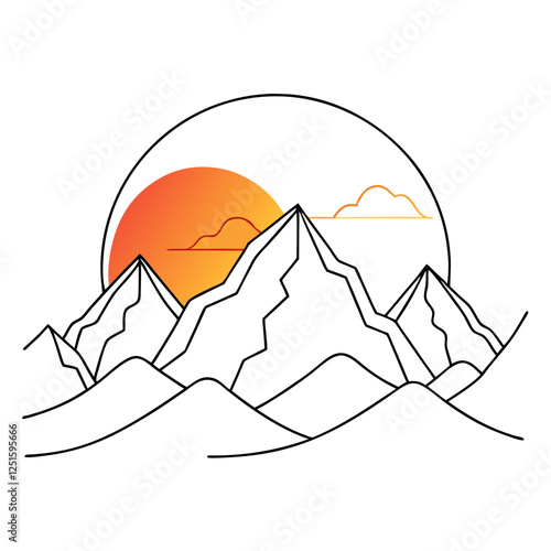 One continuous line drawing of mountain range landscape with color sun vector