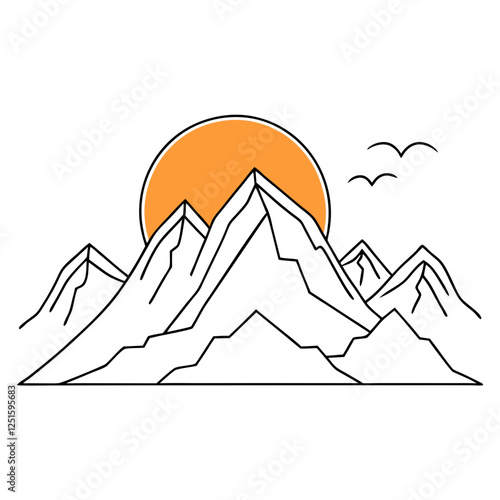 One continuous line drawing of mountain range landscape with color sun vector