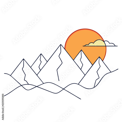 One continuous line drawing of mountain range landscape with color sun vector