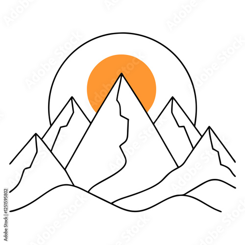 One continuous line drawing of mountain range landscape with color sun vector