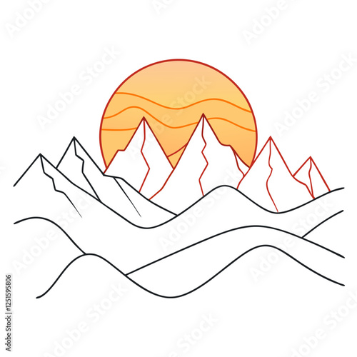 One continuous line drawing of mountain range landscape with color sun vector