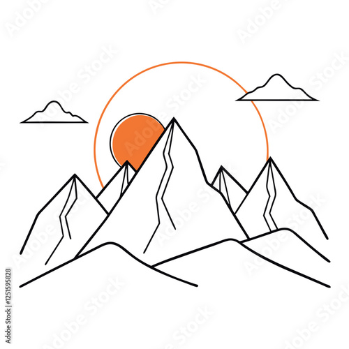 One continuous line drawing of mountain range landscape with color sun vector
