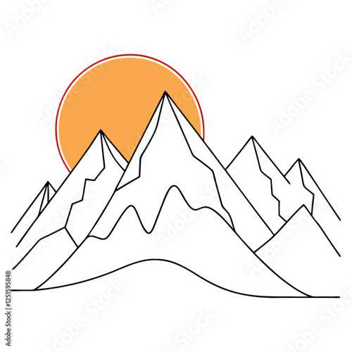 One continuous line drawing of mountain range landscape with color sun vector