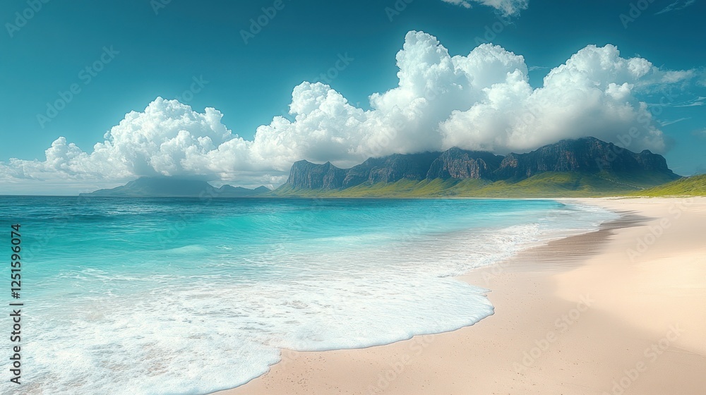 Fototapeta premium Tropical beach, waves, mountains, sky, summer vacation